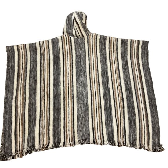 Wool Alpaca Blend Pullover Poncho SZ OS Striped Hooded Boho Unisex - Picture 3 of 3